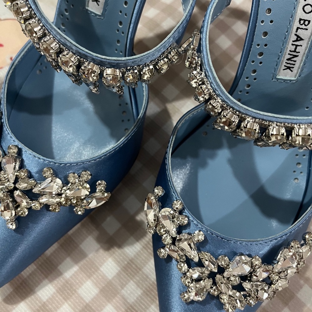 Manolo Blahnik Blue Satin Crystal-Embellished Pointed Toe Mules - Picture 6 of 8